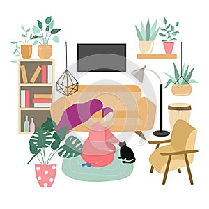 Illustration of a girl stroking a black cat, room is furnished with comfortable furniture and plants