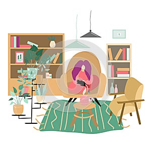 Illustration of a girl stroking a black cat sitting in a chair, room is furnished with comfortable furniture and plants