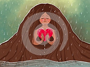 Illustration of a girl in tears and with an unhappy heart. Love suffering, tears, despondency, breakdown of relationships. Rain as