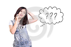 Illustration of a girl using mobile phone in confusion