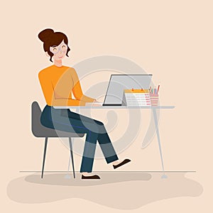 Illustration of a girl working at a computer in the office.