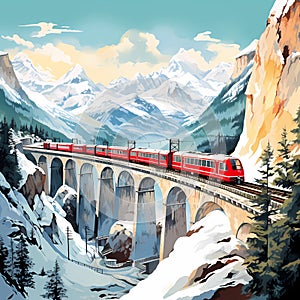 Illustration of Glacier express in the Alps, Switzerland photo