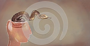 Illustration of a glass head with a snake inside. Metaphor of cunning, deceit, deceit