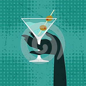 Illustration with glass of martini and hand