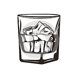 Illustration of a glass of whiskey with ice cubes. Hand drawn illustration of cocktail.