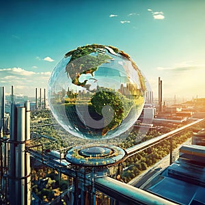 Illustration of a globe with green continents hovers over an industrial cityscape, symbolizing a balance between nature and