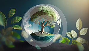 Illustration of globe on moss background, ecology and environment concept. A globe adorned with greenery and digital interfaces,