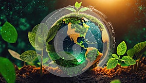 Illustration of globe on moss background, ecology and environment concept. A globe adorned with greenery and digital interfaces,