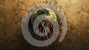 An illustration of a globe with roots growing from it symbolizing the impact of deforestation and unsustainable land use photo