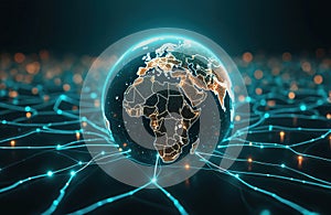 Illustration of globe surrounded by neon lines. Creative concept of tech progress, worldwide web. Artificial intelligence render