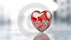 illustration of glossy clear red heart with ECG symbol on blurry background with bokeh for health care and world heart day