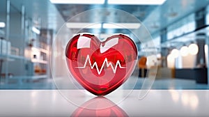 illustration of glossy clear red heart with ECG symbol on blurry background with bokeh for health care and world heart day