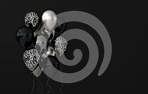 Illustration of glossy silver, black and jaguar print balloons on black background. Empty space for birthday, party, promotion