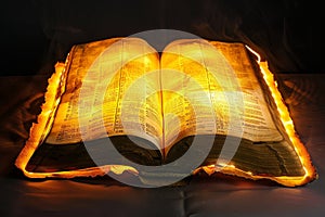 Illustration of glowing open Bible scroll. Generative AI.
