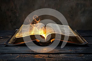 Illustration of glowing open Bible scroll. Generative AI.