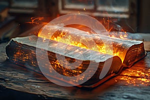 Illustration of glowing open Bible scroll. Generative AI.