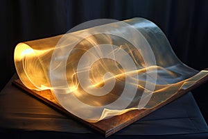 Illustration of glowing open Bible scroll. Generative AI.