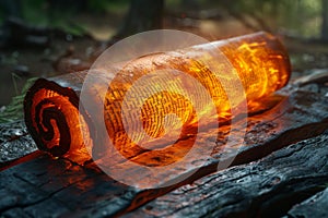 Illustration of glowing open Bible scroll. Generative AI.