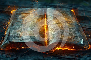 Illustration of glowing open Bible scroll. Generative AI.