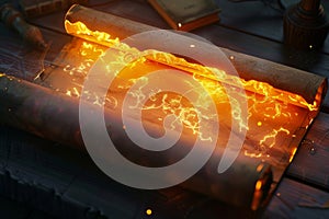 Illustration of glowing open Bible scroll. Generative AI.