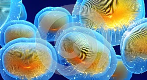 Illustration of a glowing sea jellyfishes underwater created with AI generator