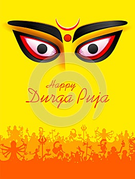 Goddess Durga Face in Happy Durga Puja Subh Navratri Indian religious header banner background