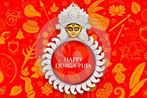 Goddess Durga Face in Happy Durga Puja Subh Navratri background