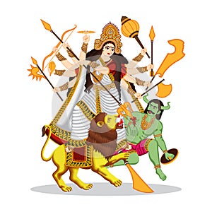 Illustration of goddess durga indian god in happy durga puja and shubh navratri, india religion maa durga kill mahishasura