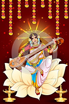 Illustration of Goddess of Wisdom Saraswati for Vasant Panchami India festival background