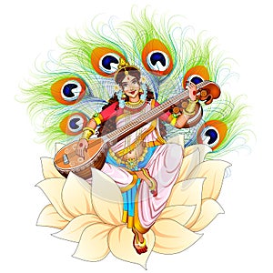 Illustration of Goddess of Wisdom Saraswati for Vasant Panchami India festival background