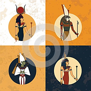 Illustration of the gods and symbols of ancient Egypt isolated against the vintage background. Egyptian gods and godness