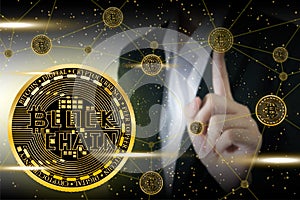 Illustration of gold bitcoin coin with blockchain line and bussiness women background in concept world connect