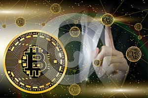 Illustration of gold bitcoin coin with blockchain line and bussiness women background in concept world connect