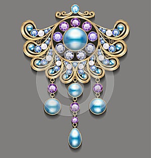 Illustration gold brooch with pearls and precious stones.