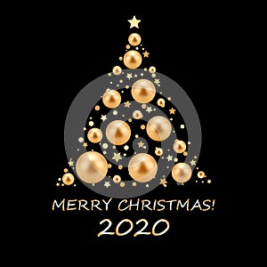 illustration gold Christmas tree. Holiday background with baubles and star. Festive evening. Great mood. eps 10