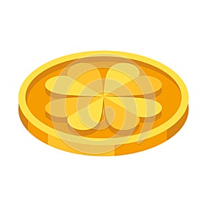 Illustration of gold coin with clower. Saint Patricks Day illustration. Festive national icon.
