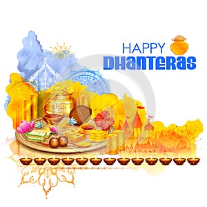 Gold coin in pot for Dhanteras celebration on Happy Dussehra light festival of India background photo