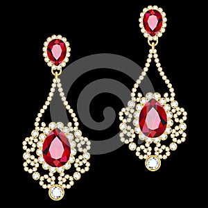 Illustration gold jewelry earrings with ruby and precious stones