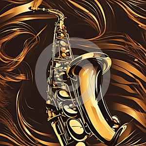 A golden alto saxophone, its curves reflecting the warm hues of sunset, inviting smooth jazz melodies photo