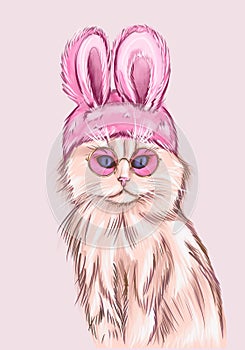 Illustration of a golden cat with retro pink glasses and a rabbit ears hat. Grey color fluffy cat fashion animal illustration