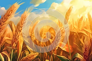 Illustration of golden field, wheat field background, agriculture industry. Generative AI