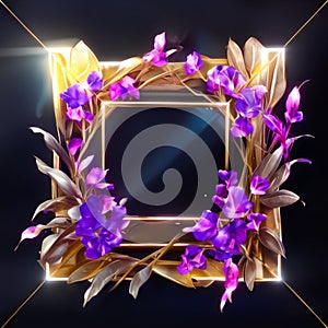 Illustration of golden frame with purple orchids on black background Generative AI