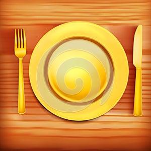 Illustration of golden plate, fork and knife wooden texture. Menu template