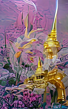 Illustration with golden temple and pink flowers