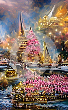 Illustration with golden temple and pink flowers