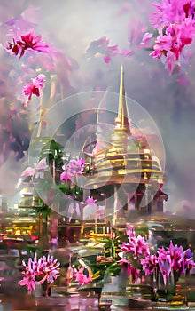 Illustration with golden temple and pink flowers