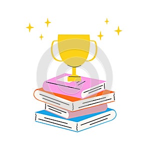 An illustration of a golden trophy standing on a stack of books. Book reading challenge concept.