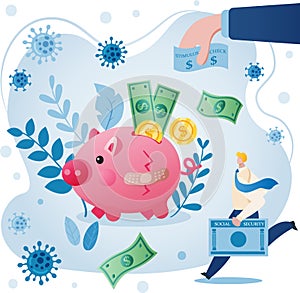Ilustraciones de el Gobierno mano afuera estímulo controlar dinero sobre el Americano cual tiene número roto pequeno cerdo Banco ahorros 