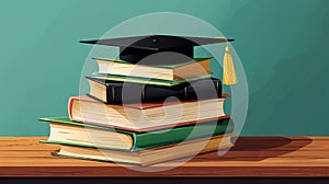 An illustration of a graduation cap and stack of books on a table AI Generated
