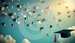 Illustration of graduation caps thrown into air. Generative AI